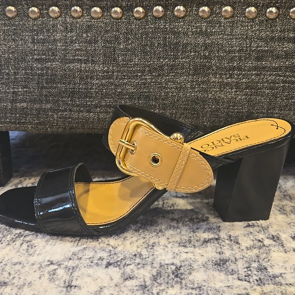 Franco Sarto Black and Tan Heeled Sandals With Buckle